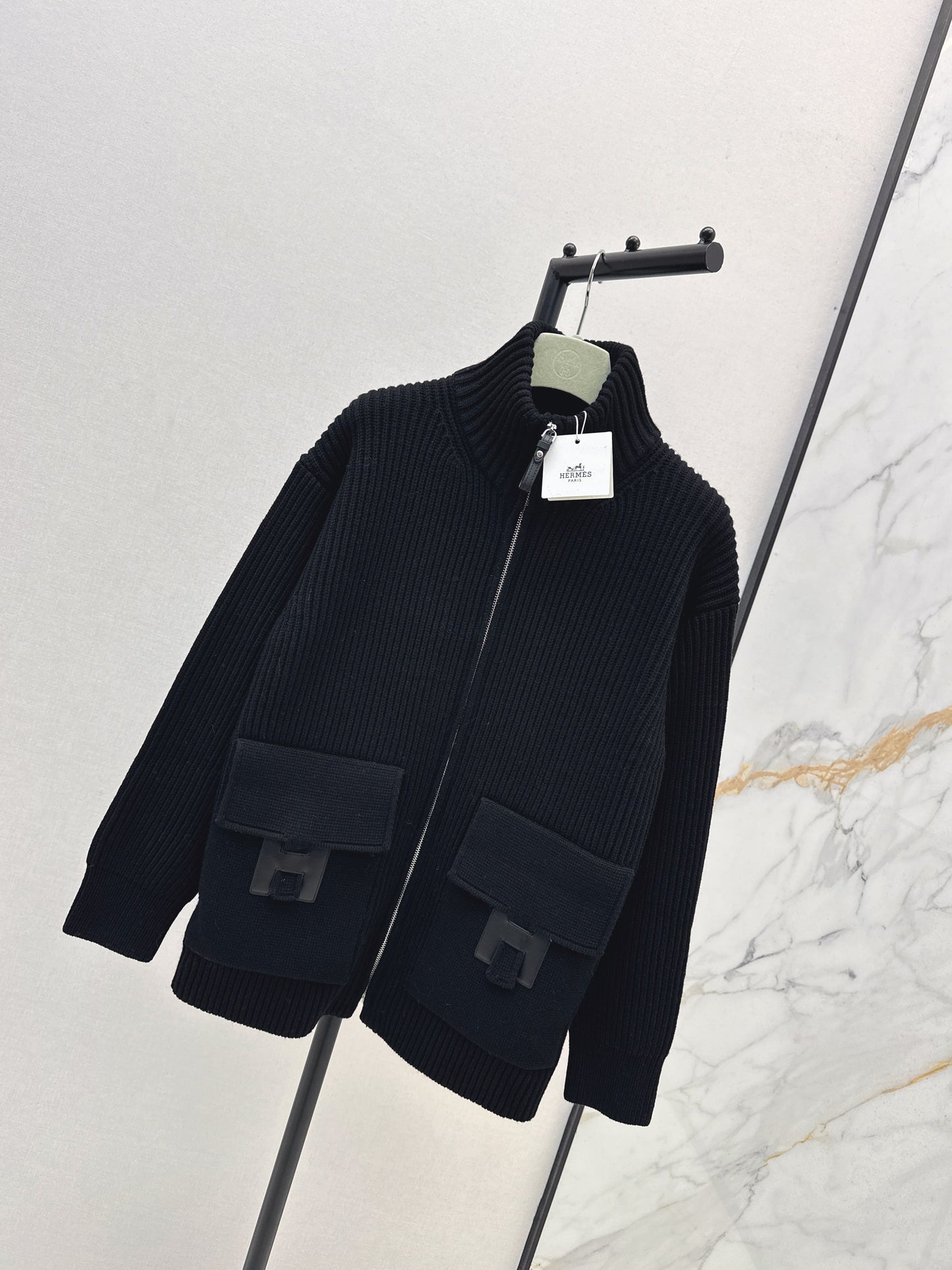He 25 Mid-length cashmere knitted zip-up jacket(100% cashmere BEIGI/BLACK)