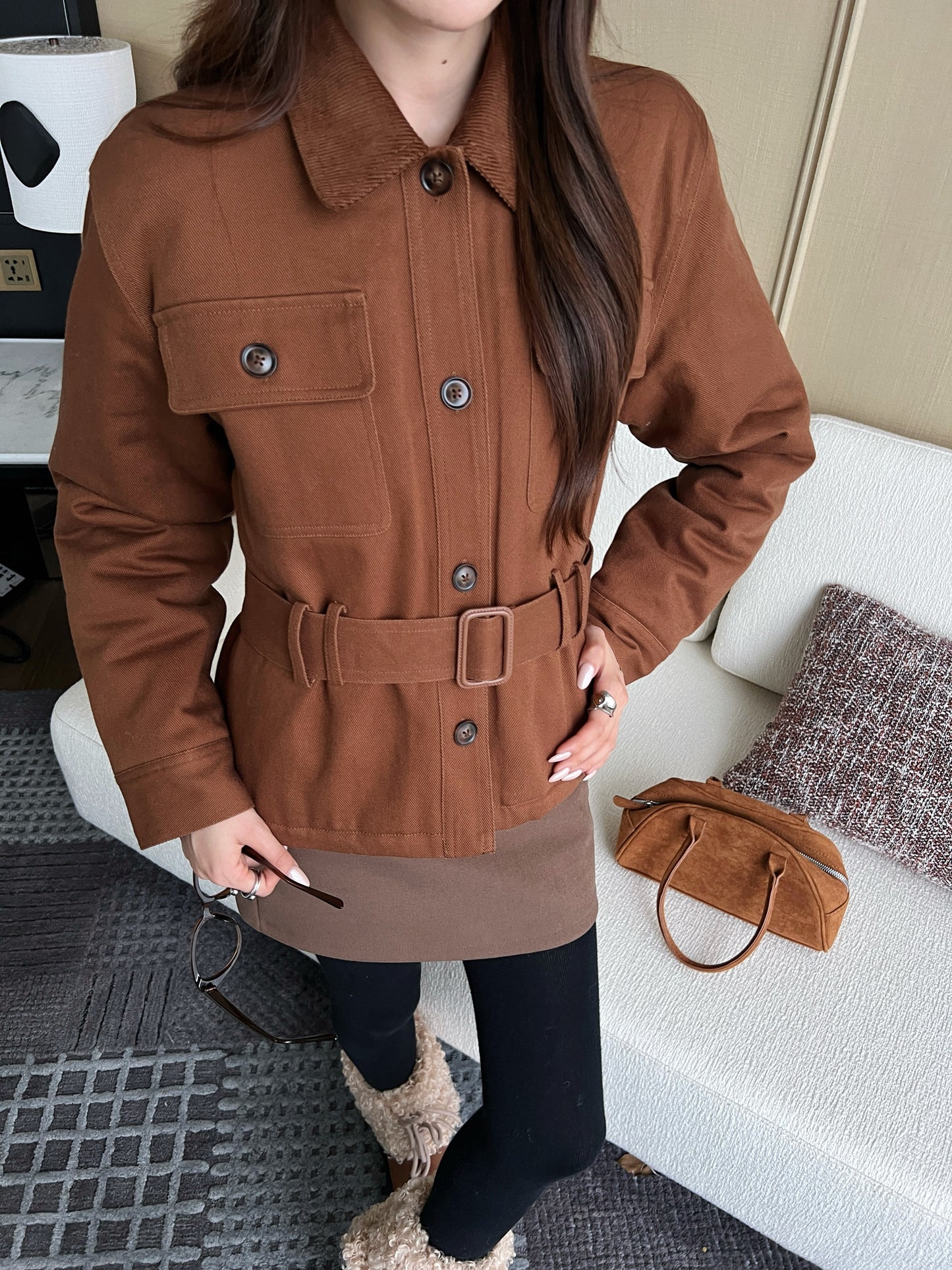 Lor 25fw New style quilted windbreaker with waist design(KHAKI/BEIGI)