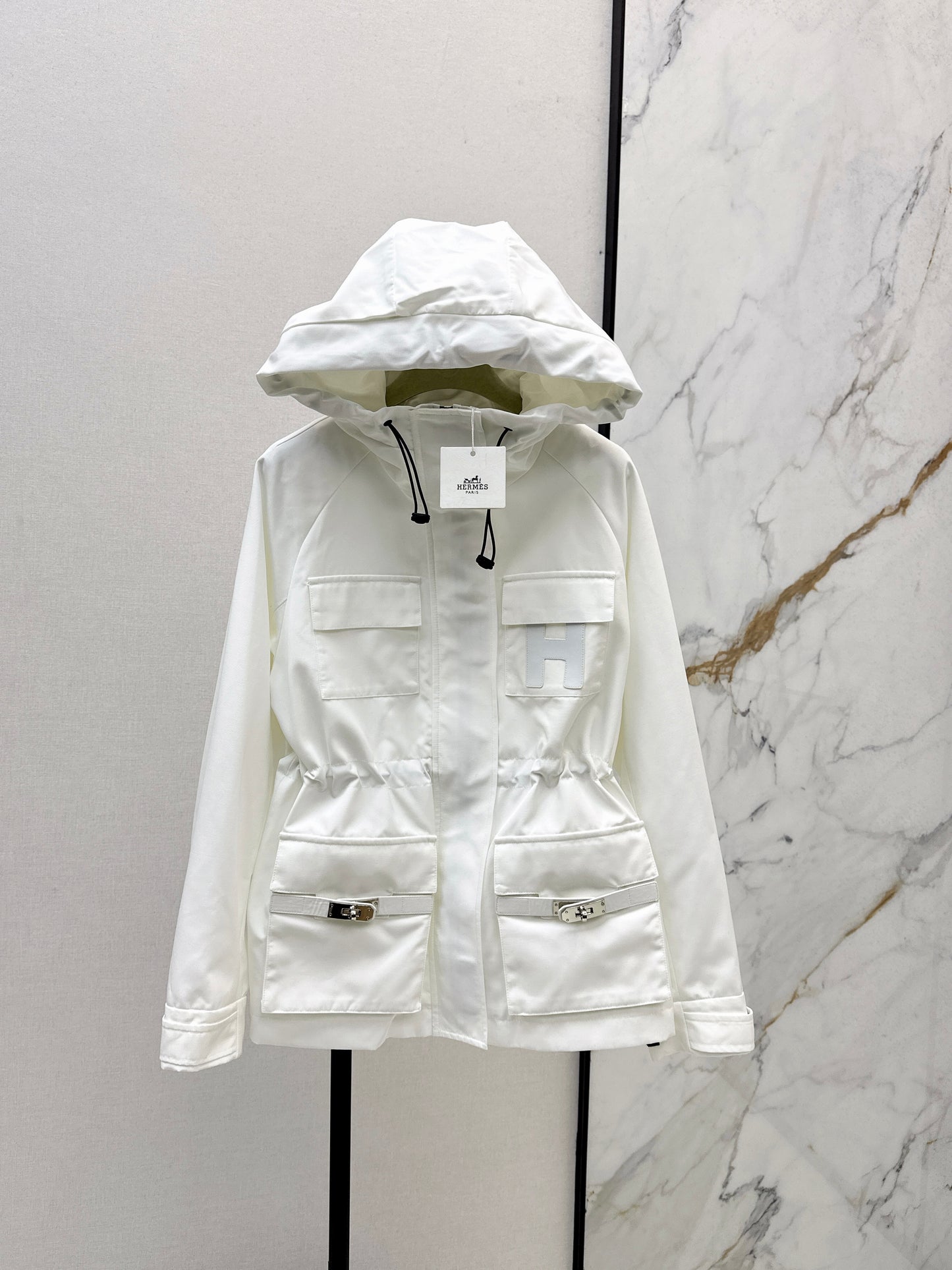 He 25fw Workwear style hooded windbreaker jacket(WHITE/BLACK)