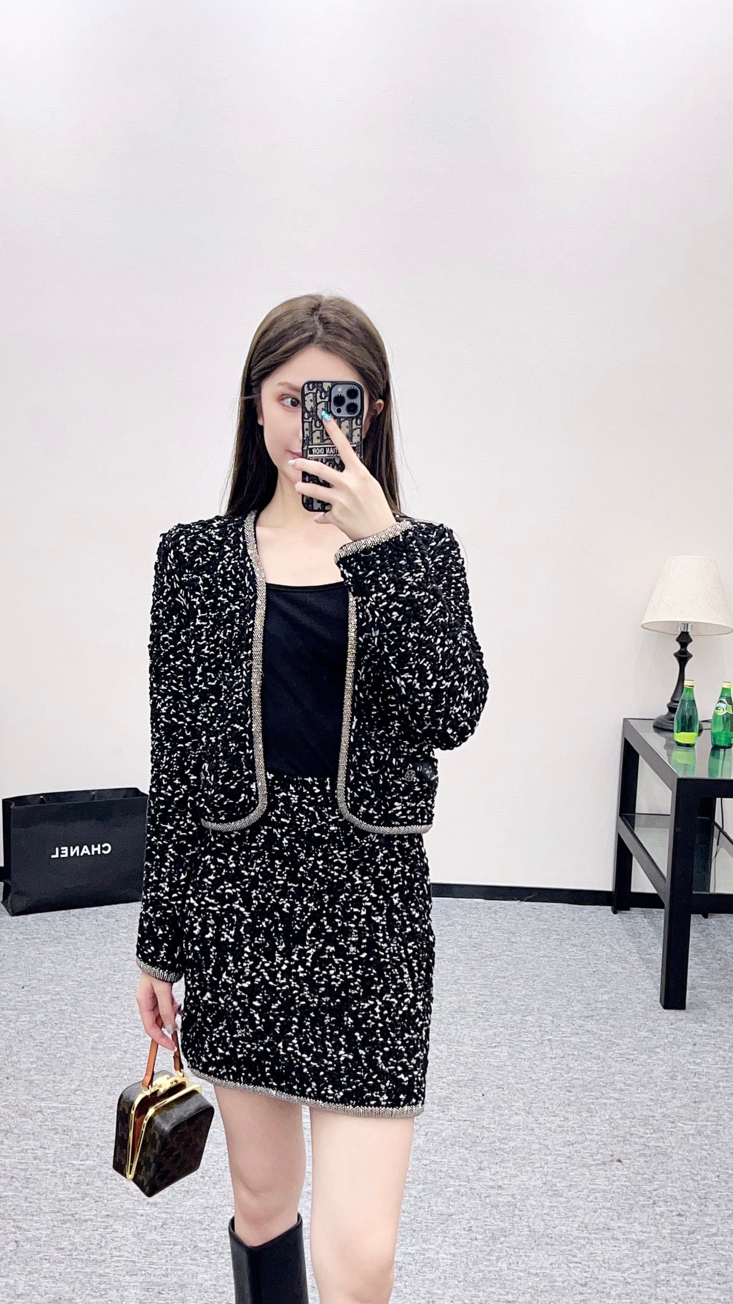 C 25 Rhinestone tied edge knitted cardigan half skirt set
