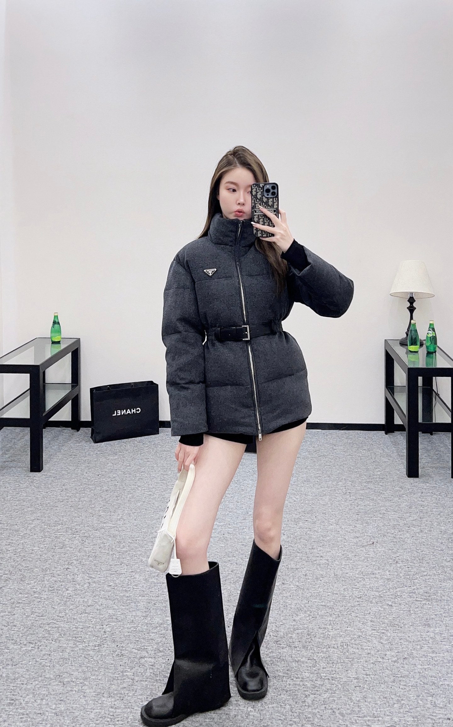 Pr 25 Stand up collar, waist belt, down wool jacket
