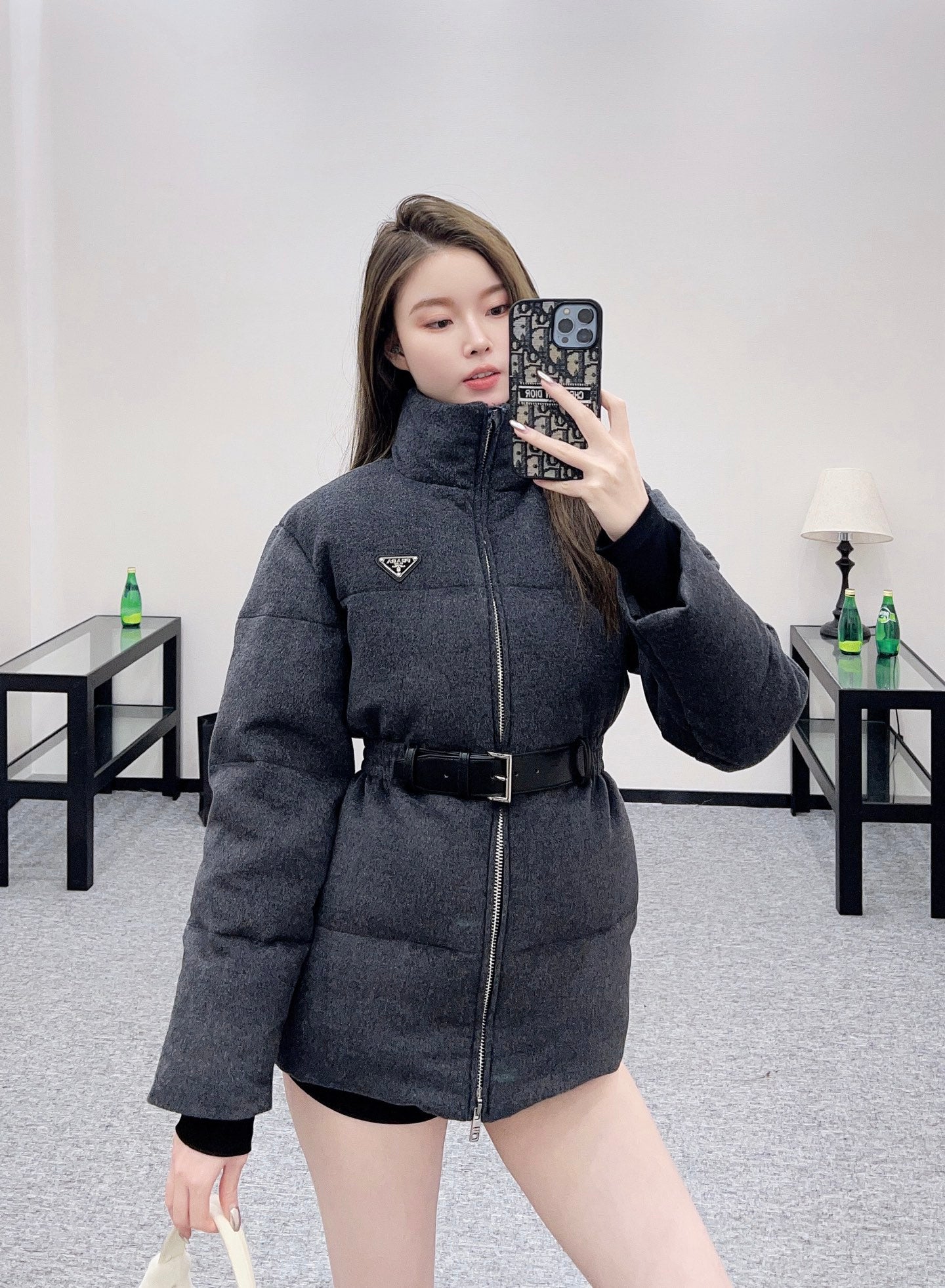 Pr 25 Stand up collar, waist belt, down wool jacket