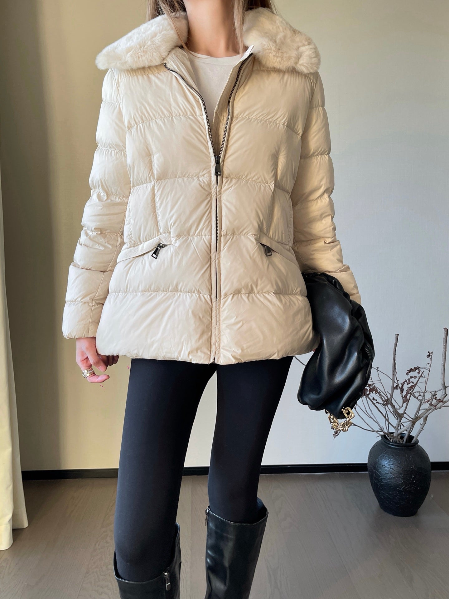 Mon 25 New Otter Rabbit fur collar zipper down jacket(WHITE/BLACK/GREEN)