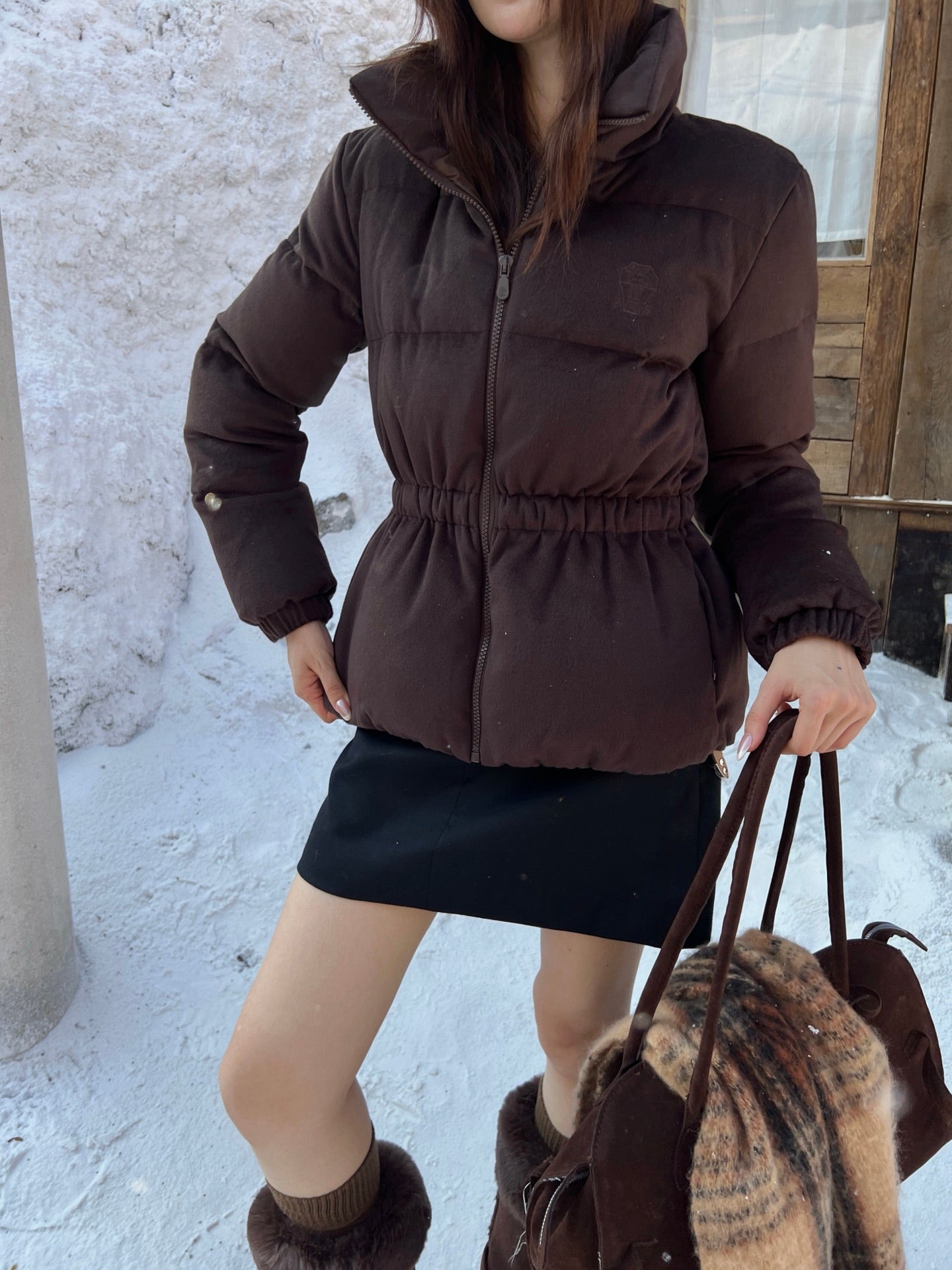 Lor 25 New drawstring waistband woolen down jacket(NAVY/BROWN)