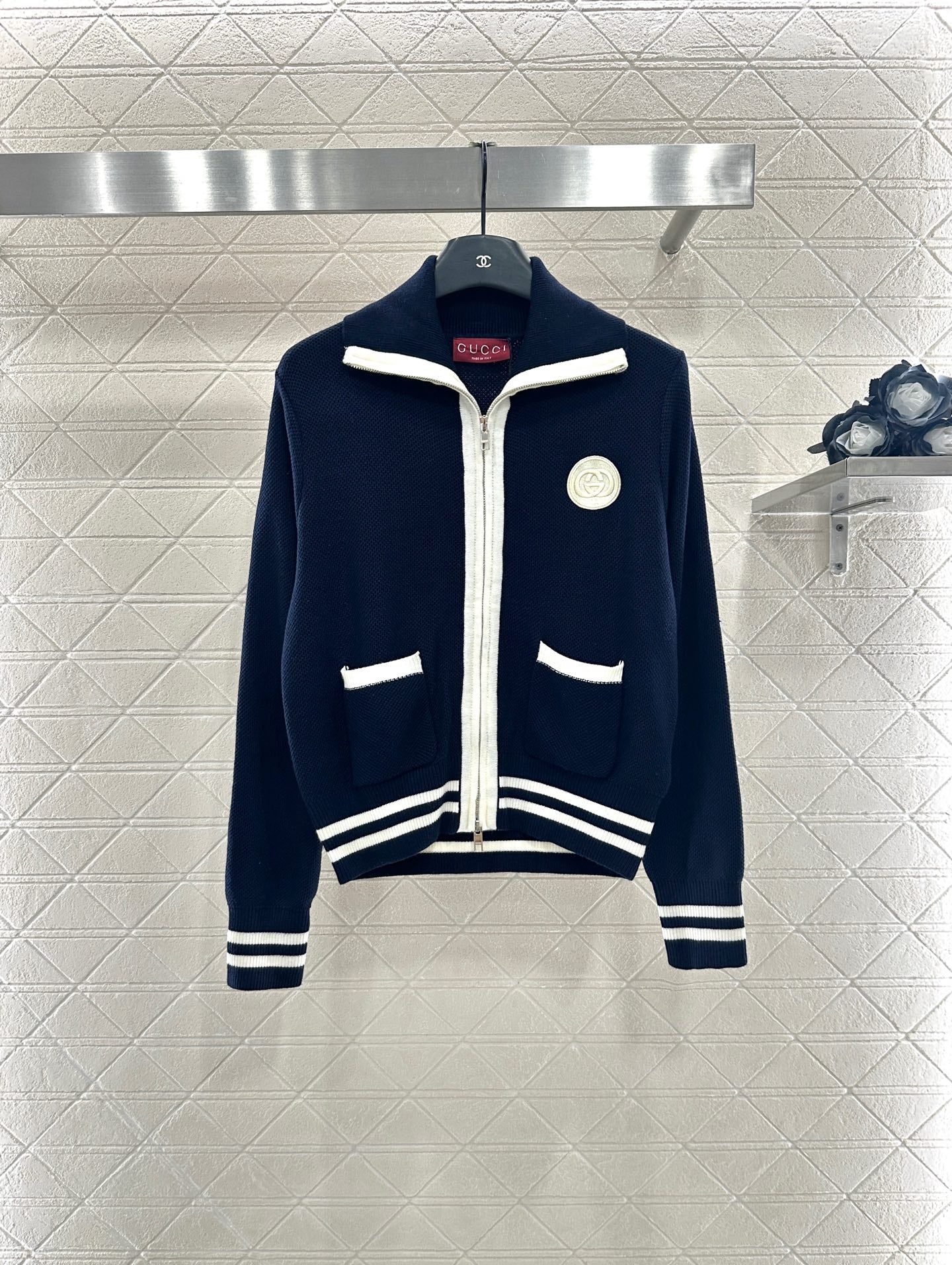 Guc 25 Zipper knitted wool cardigan(NAVY/BEIGI)