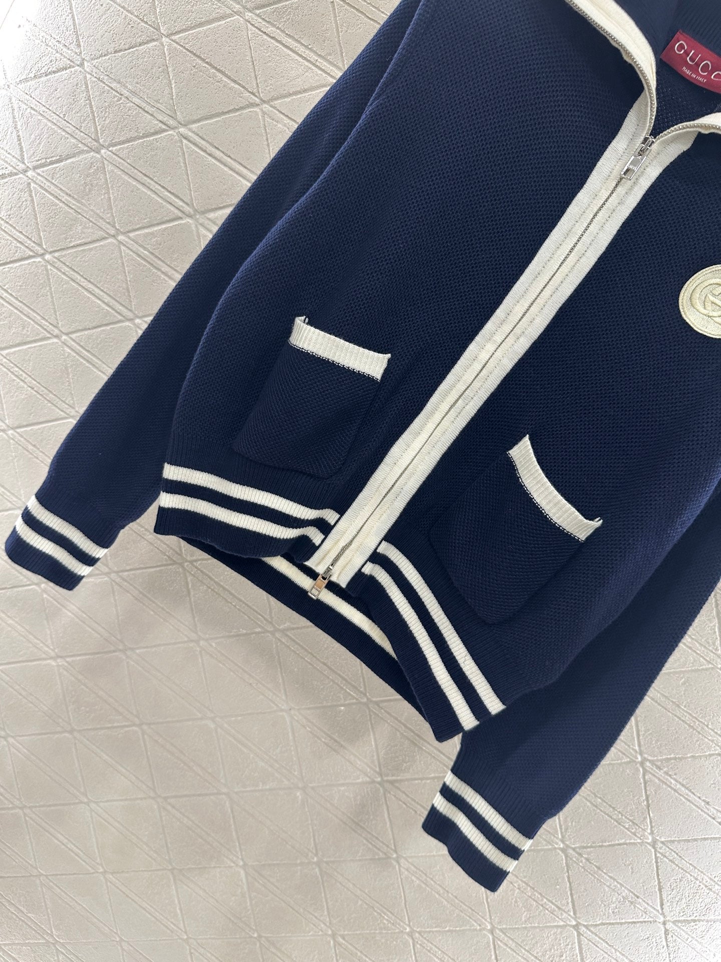 Guc 25 Zipper knitted wool cardigan(NAVY/BEIGI)
