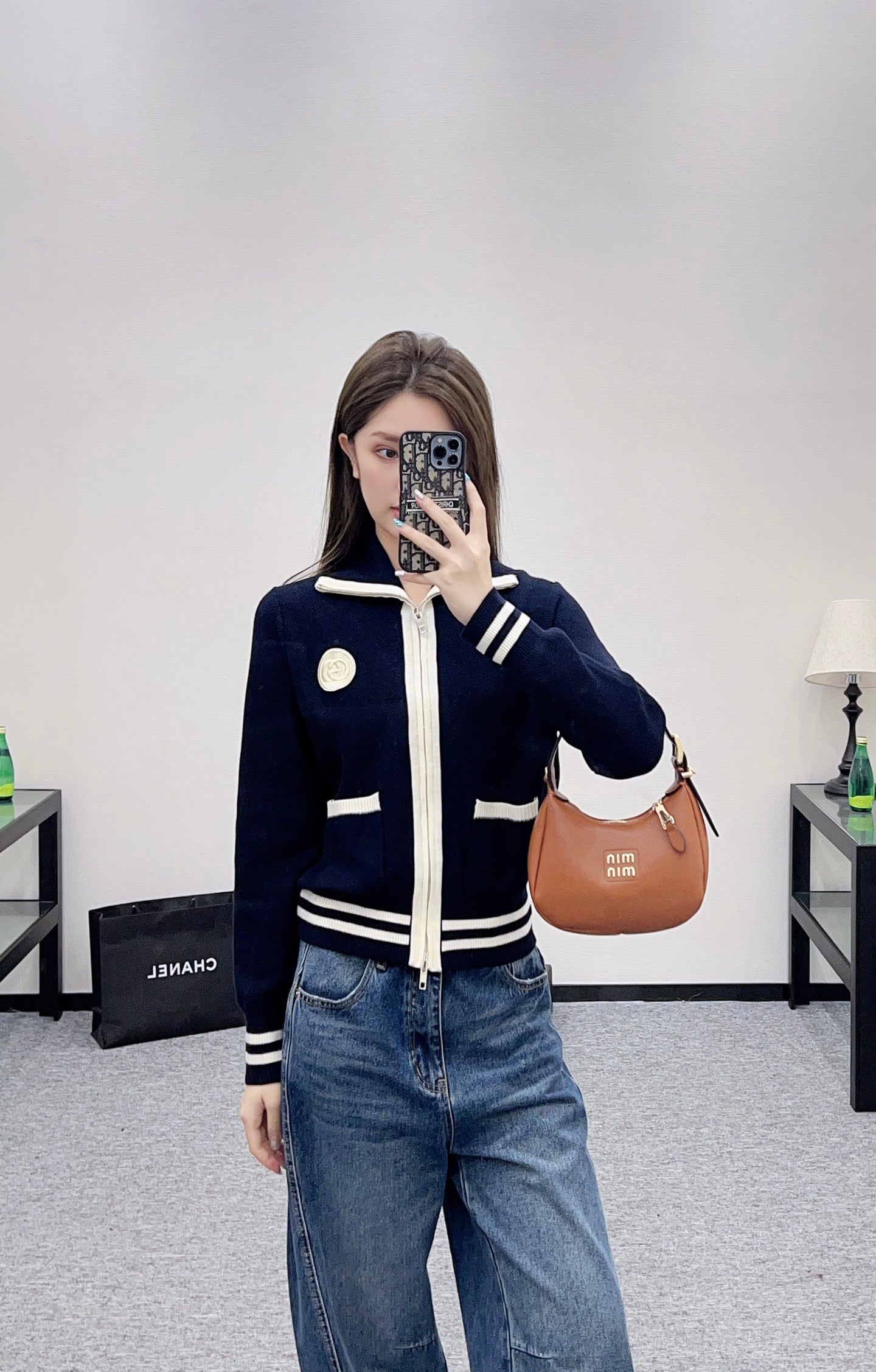 Guc 25 Zipper knitted wool cardigan(NAVY/BEIGI)