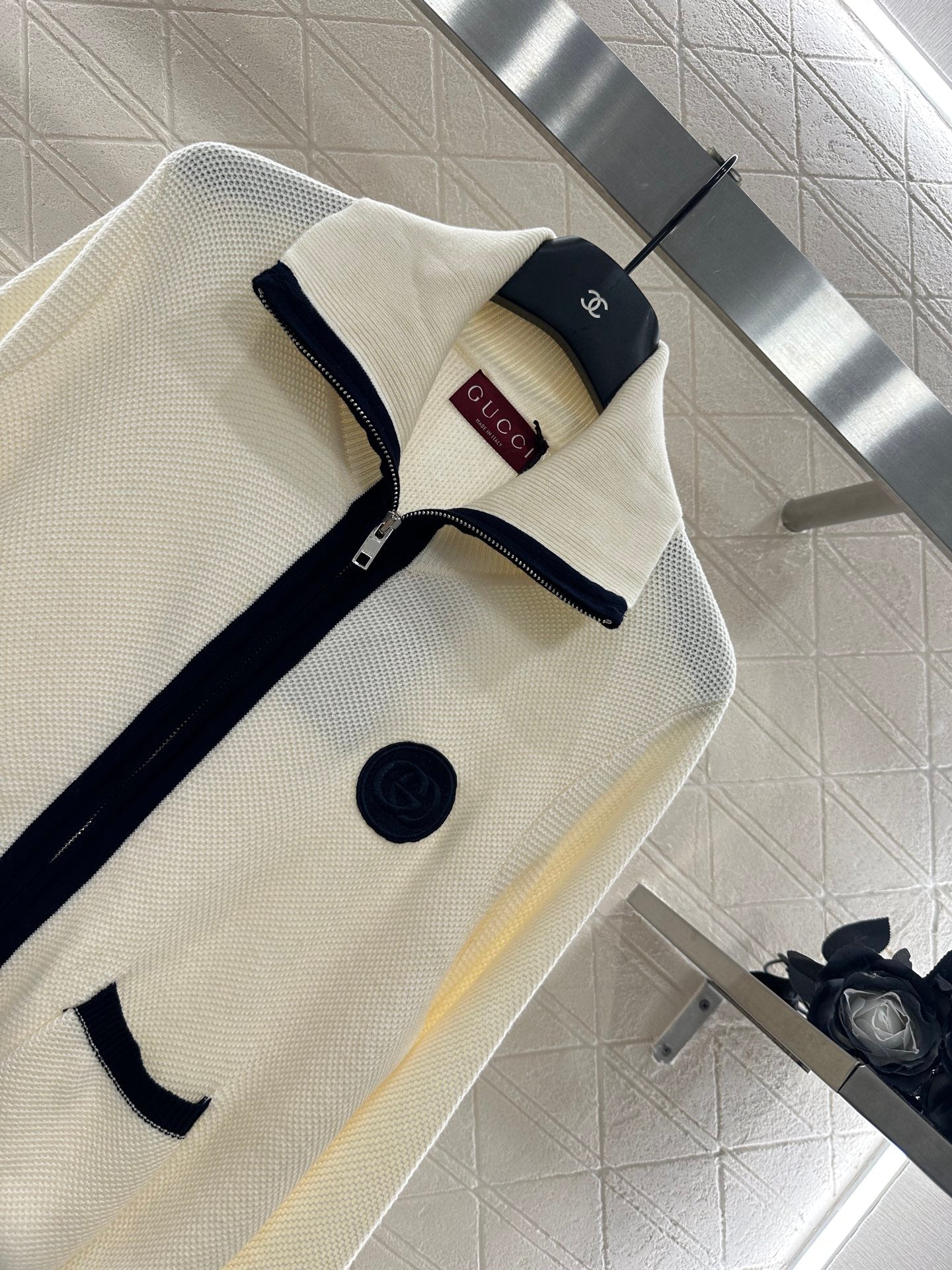 Guc 25 Zipper knitted wool cardigan(NAVY/BEIGI)