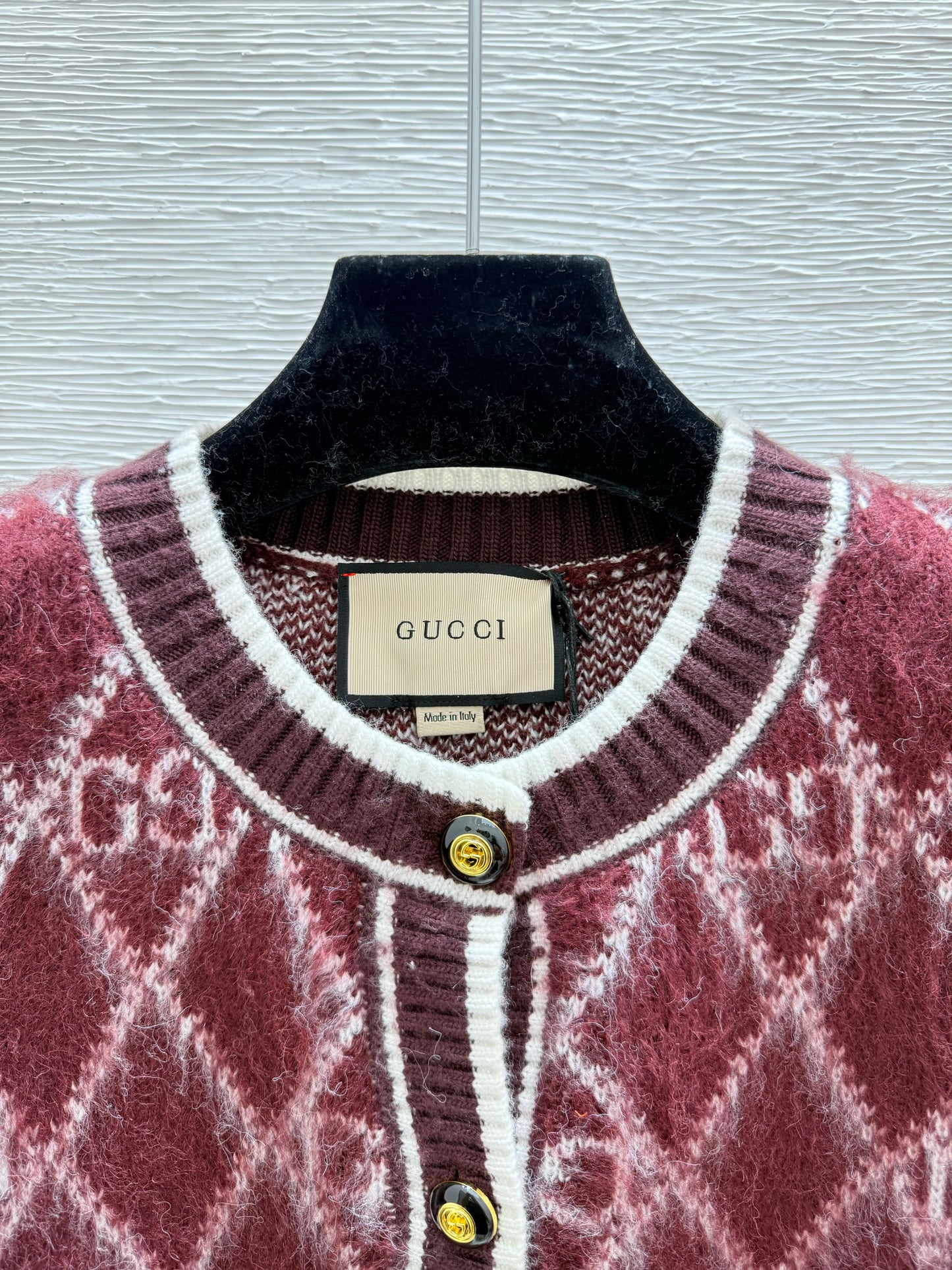 Gu 25 Vintage letter diamond grid round neck knitted wool cardigan