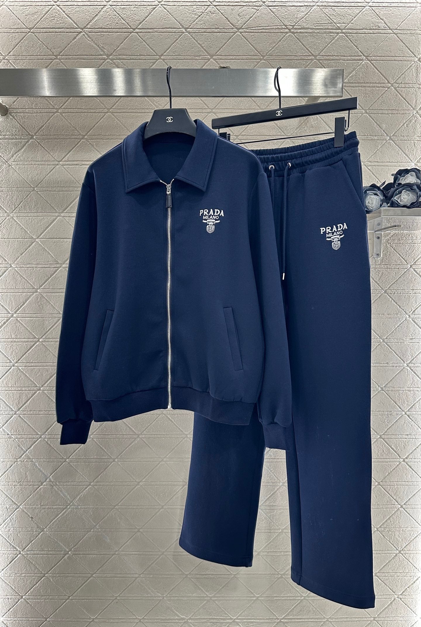 Pr 25 Zipper lapel jacket and trousers set(gray/navy)