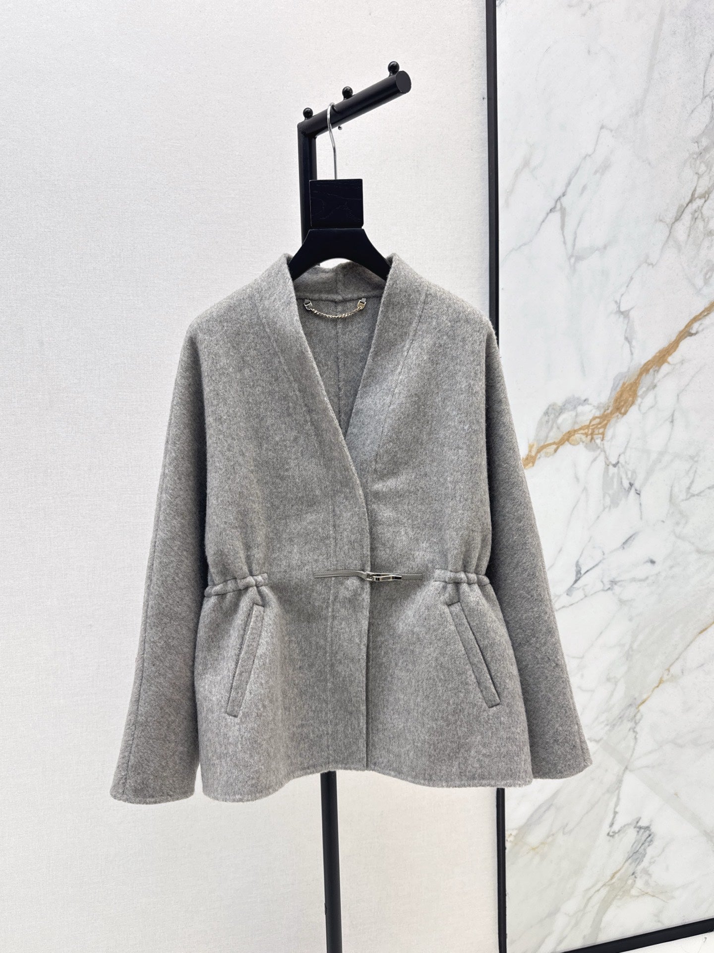 He 25 New wool double-faced nylon mid-length coat(Dark gray/gray)