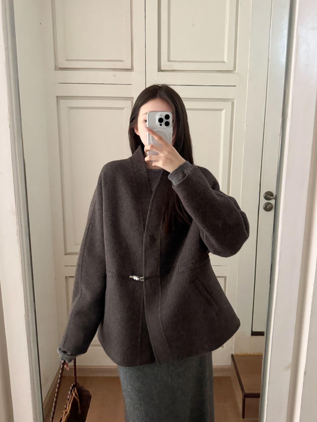 He 25 New wool double-faced nylon mid-length coat(Dark gray/gray)