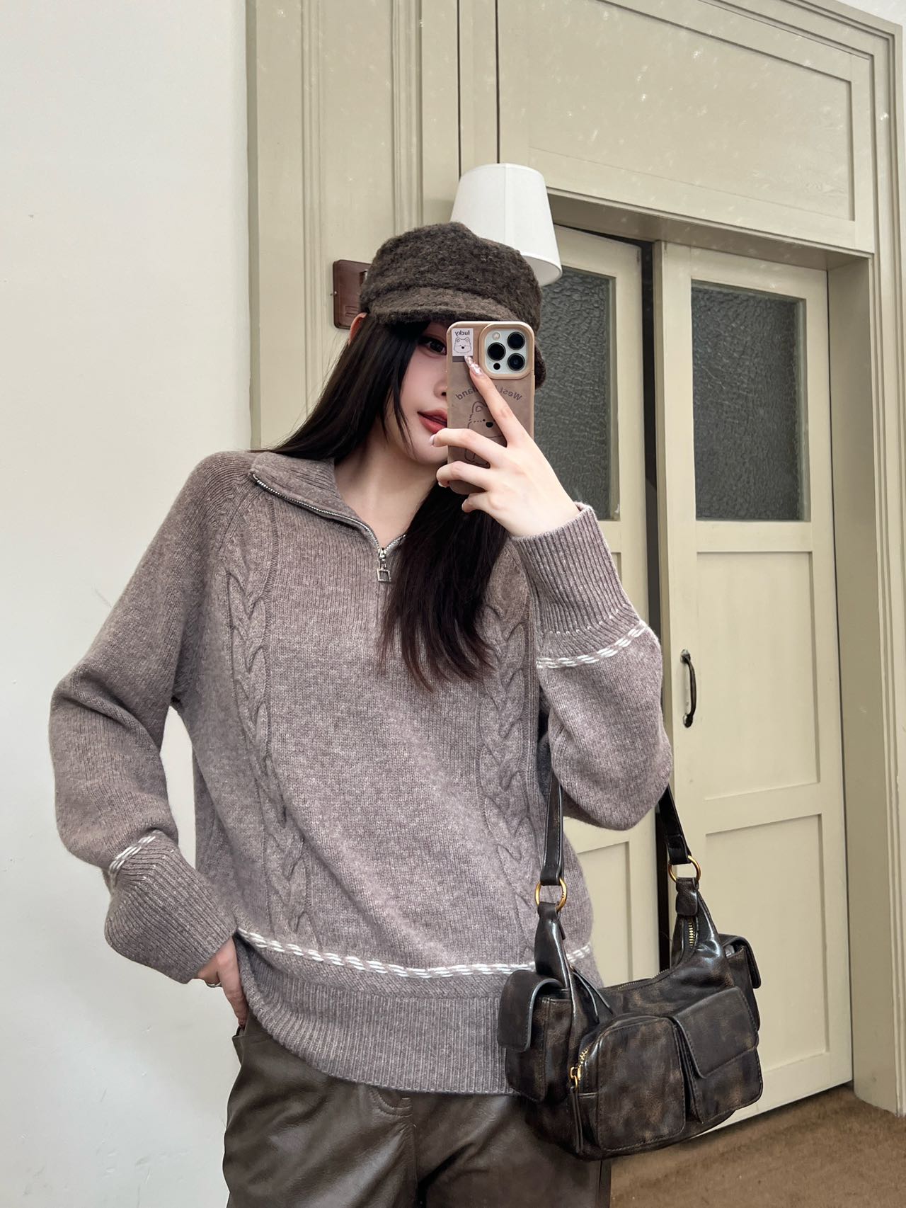 Lor 25 New style cable-knit half-open wool sweater(BEIGI/BORWN/GRAY)