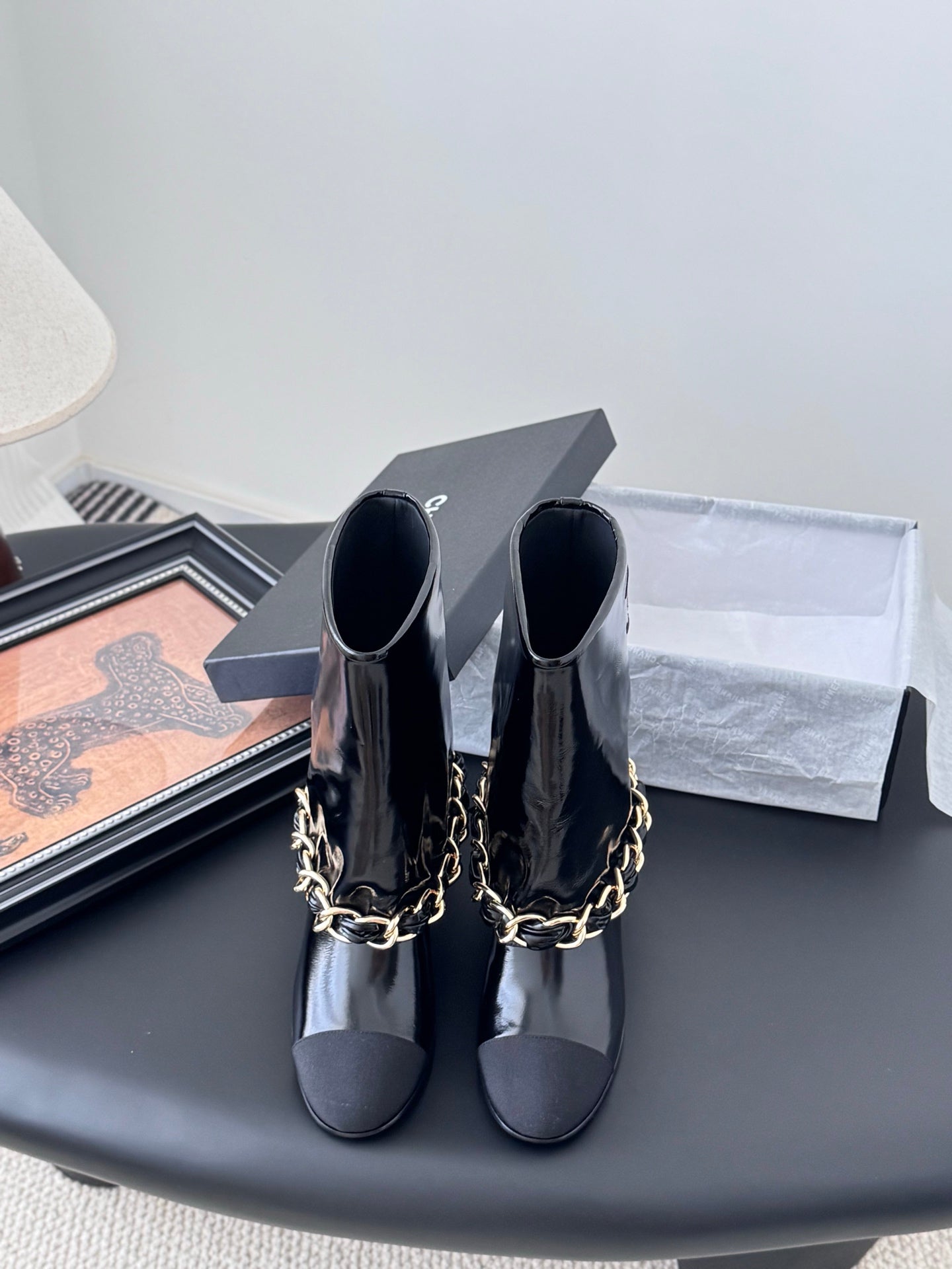 C 25K New chain mid-cut knight boots(Black/Glossy Black)