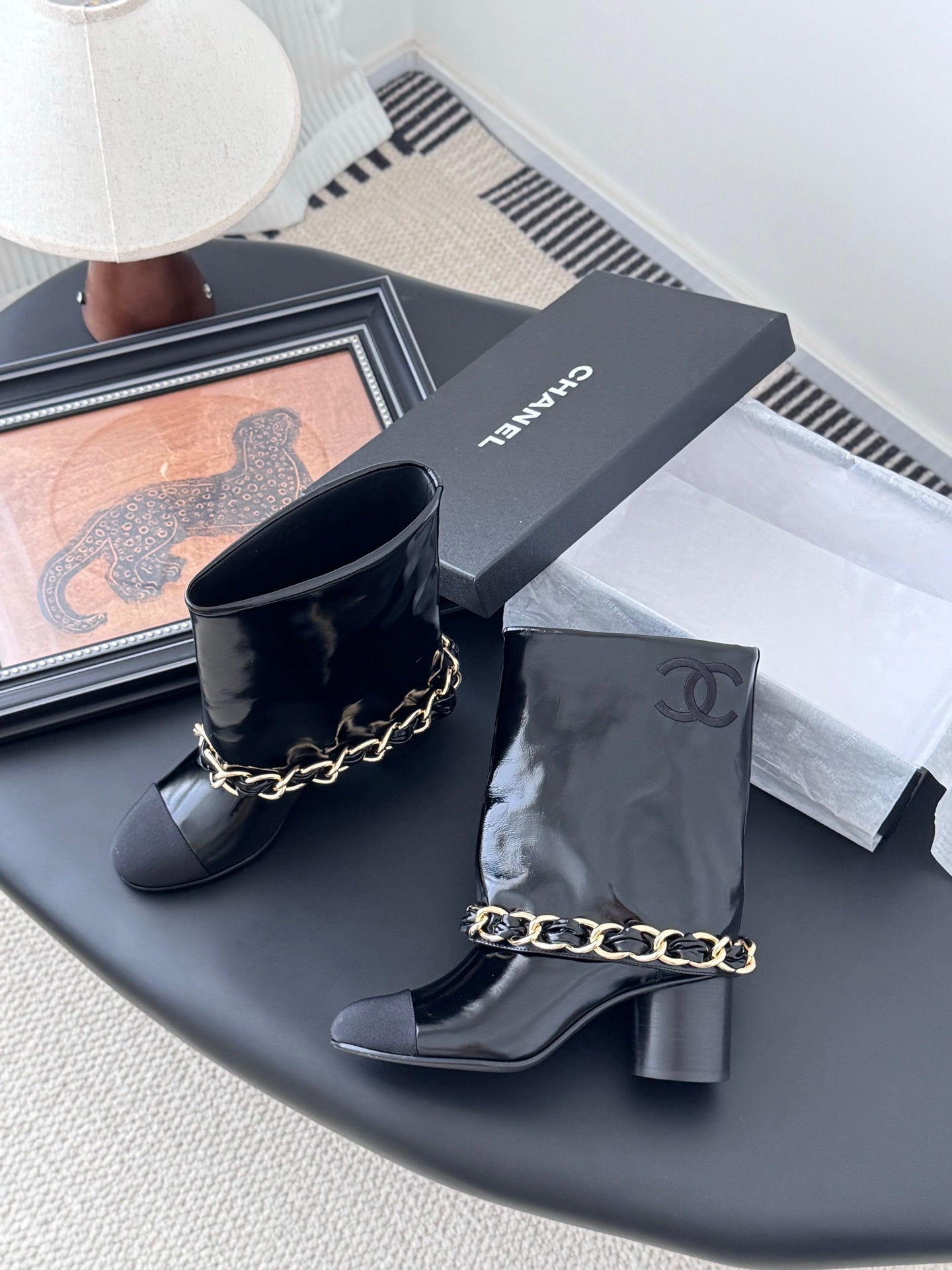 C 25K New chain mid-cut knight boots(Black/Glossy Black)