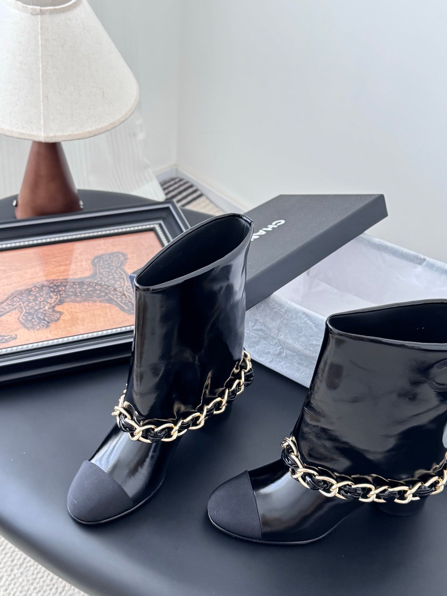 C 25K New chain mid-cut knight boots(Black/Glossy Black)