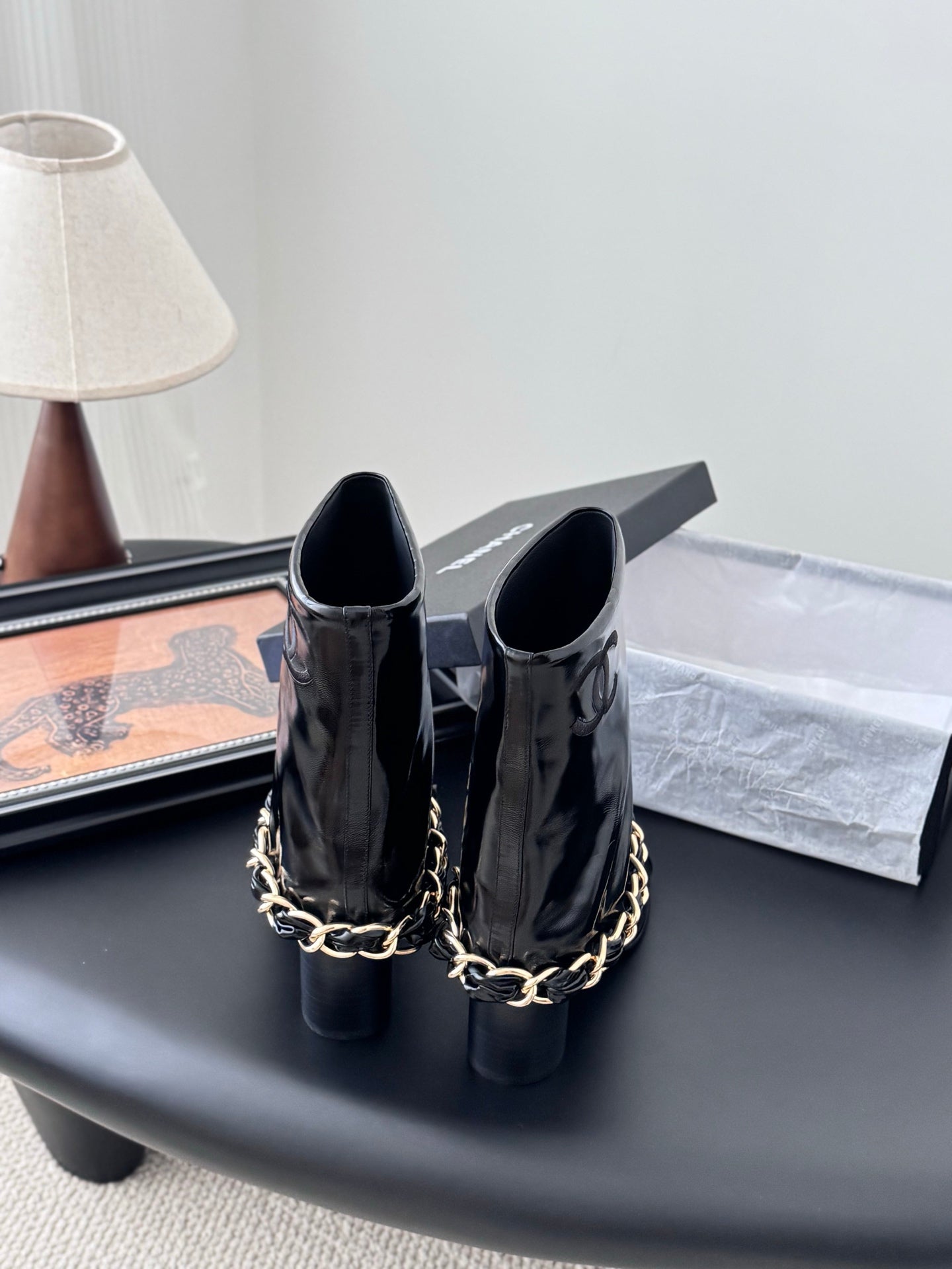 C 25K New chain mid-cut knight boots(Black/Glossy Black)