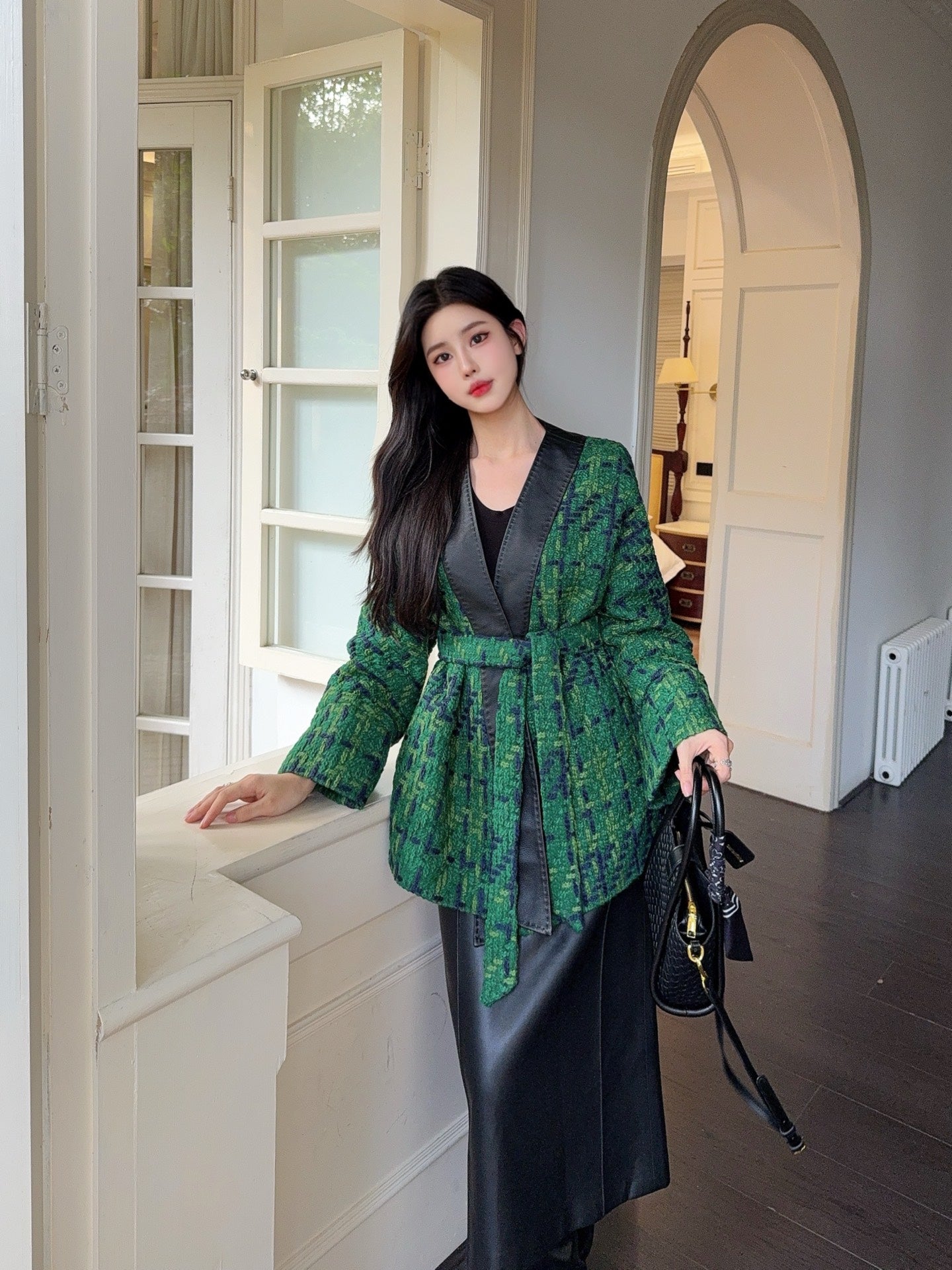 Bot 25 New leather trim woven woolen jacket(RED/GREEN/BLACK)