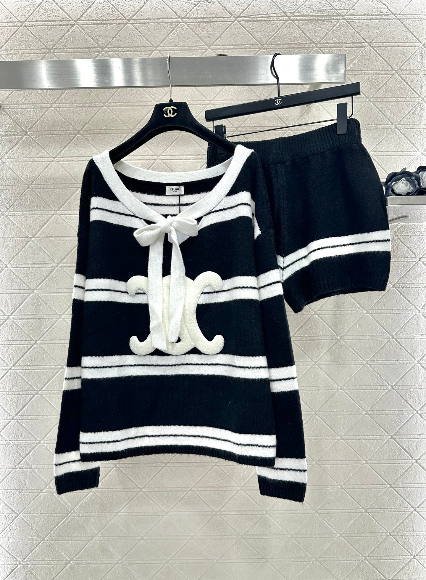 Ce 25 Striped Knitted Wool Top and Shorts Set(BLACK/WHITE)