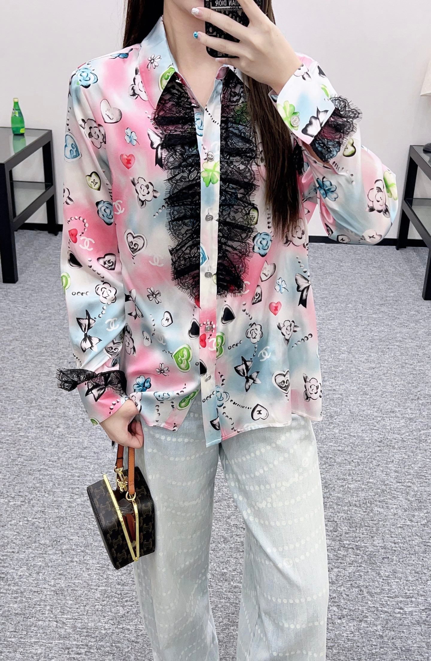 C 25 Letter stitch printed silk lace shirt