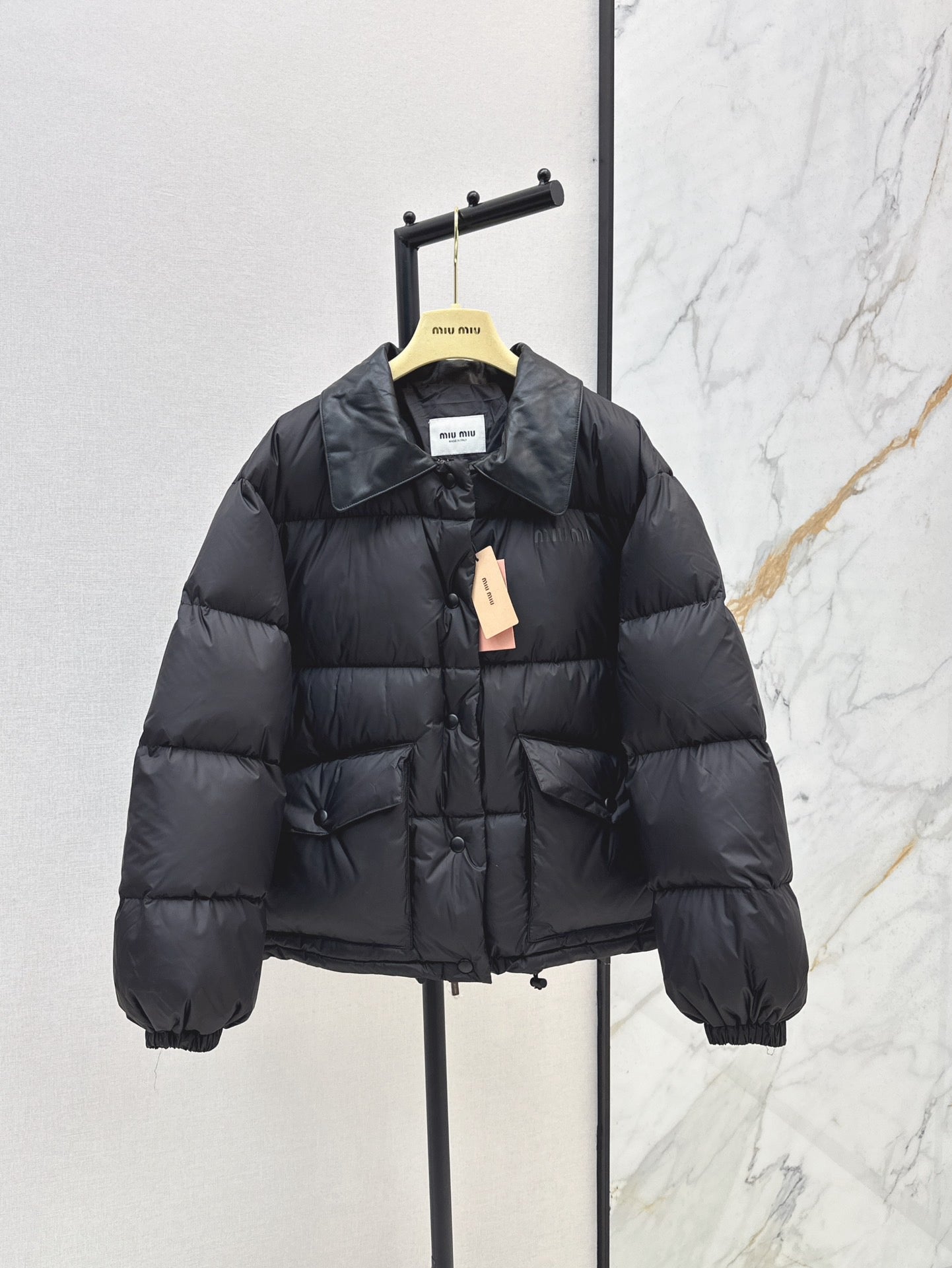 Mi 25 New spliced leather collar short down jacket(BLACK/BROWN)