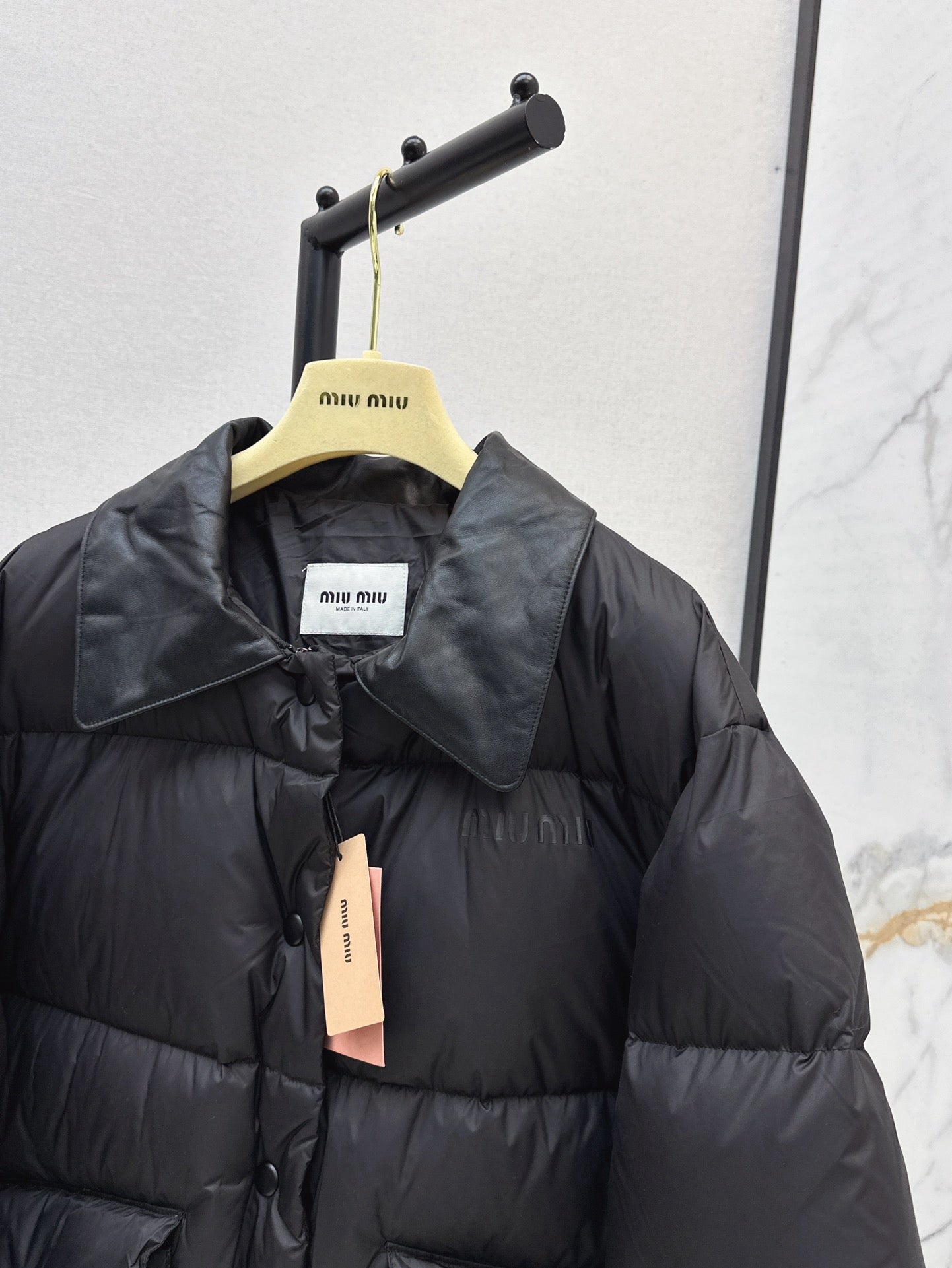 Mi 25 New spliced leather collar short down jacket(BLACK/BROWN)