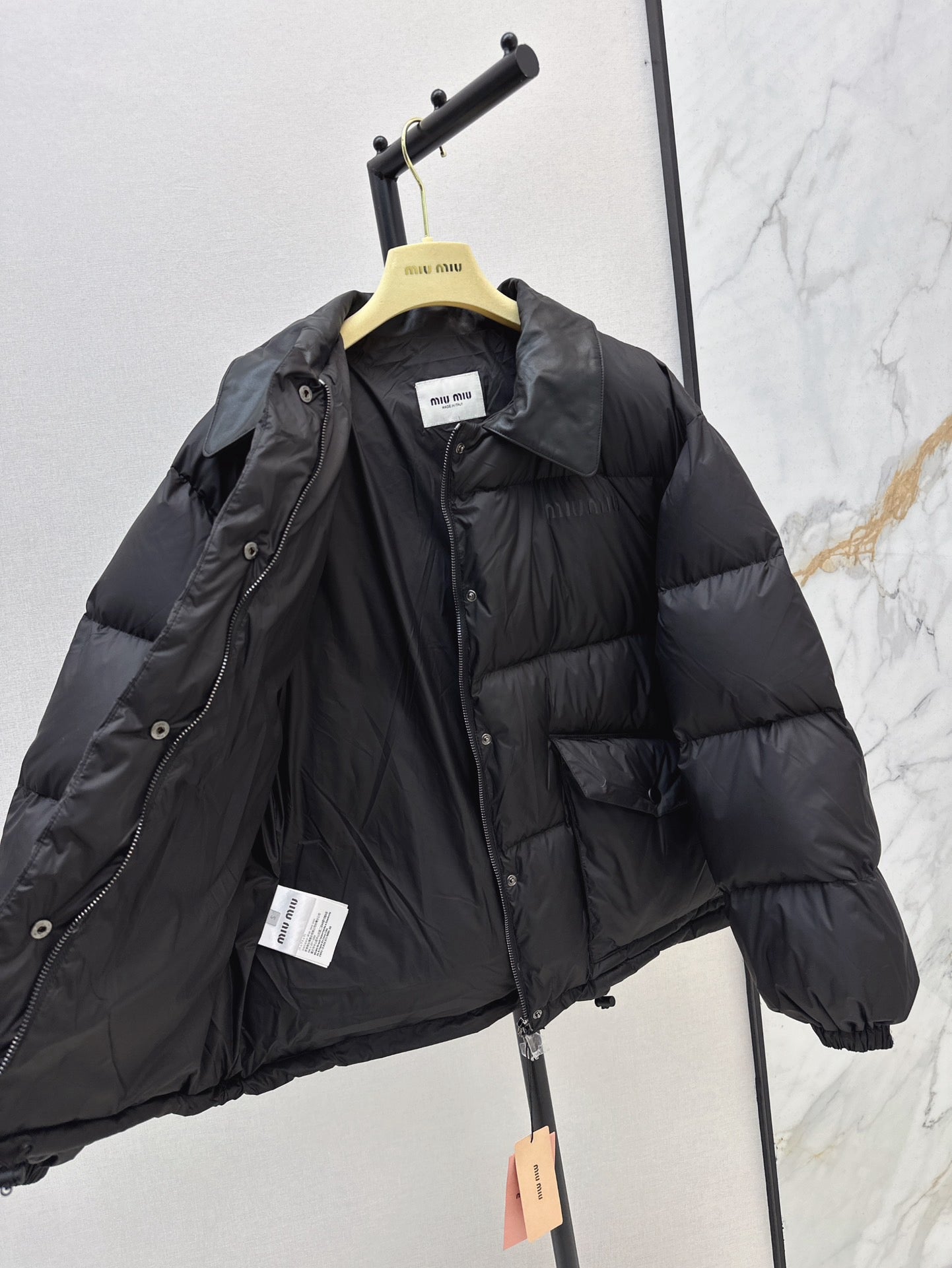 Mi 25 New spliced leather collar short down jacket(BLACK/BROWN)