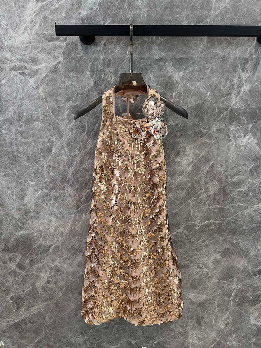 ZI 25 Light Luxury Sexy Gold Sequin Backless Dresses