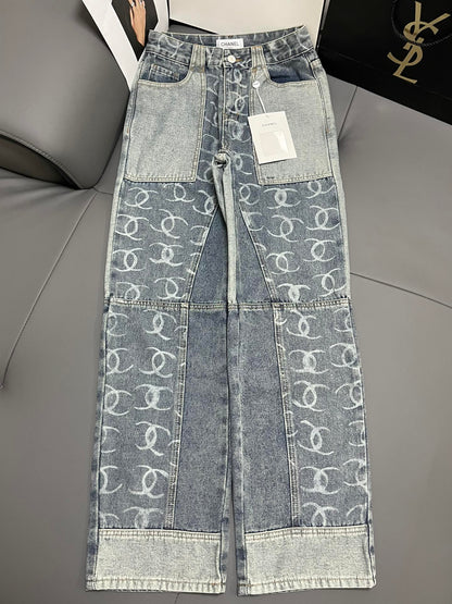 C 24 Light grey all-over print paneled denim trousers