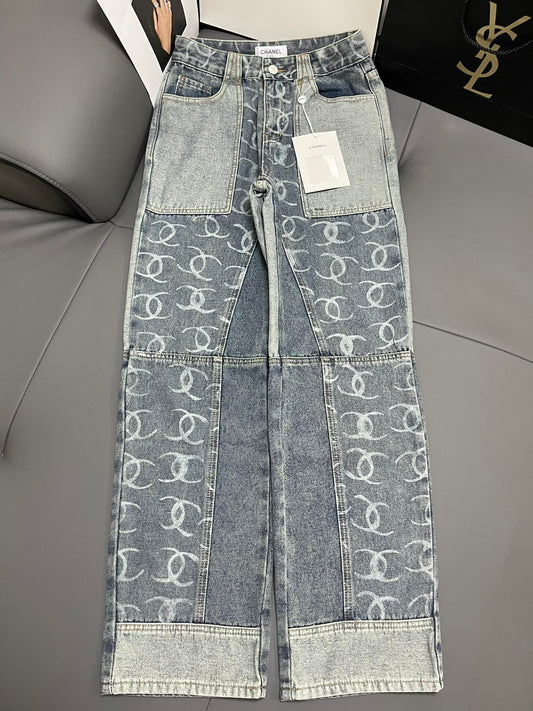 C 24 Light grey all-over print paneled denim trousers