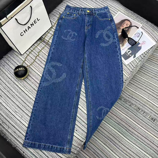 Jacquard logo denim straight leg pants