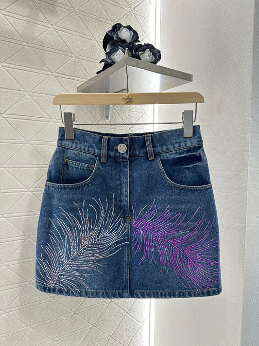 C 25 Feather Rhinestone Denim Skirt