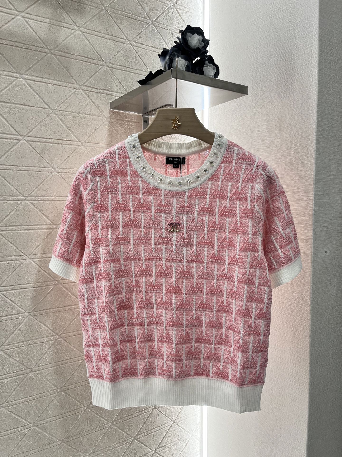 C 25 Rhinestone Neckline Crochet pink Knit Short Sleeve