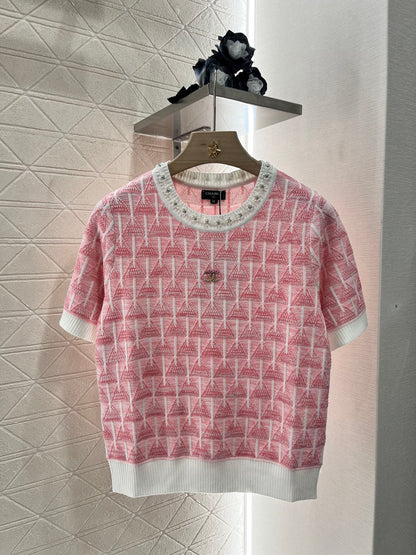 C 25 Rhinestone Neckline Crochet pink Knit Short Sleeve