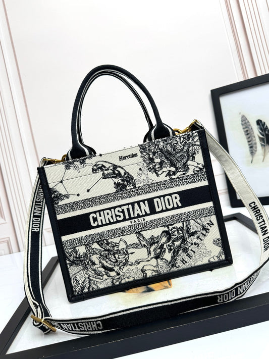 D 25 Embroidered Cowhide White Animal Small Crossbody Tote Bag