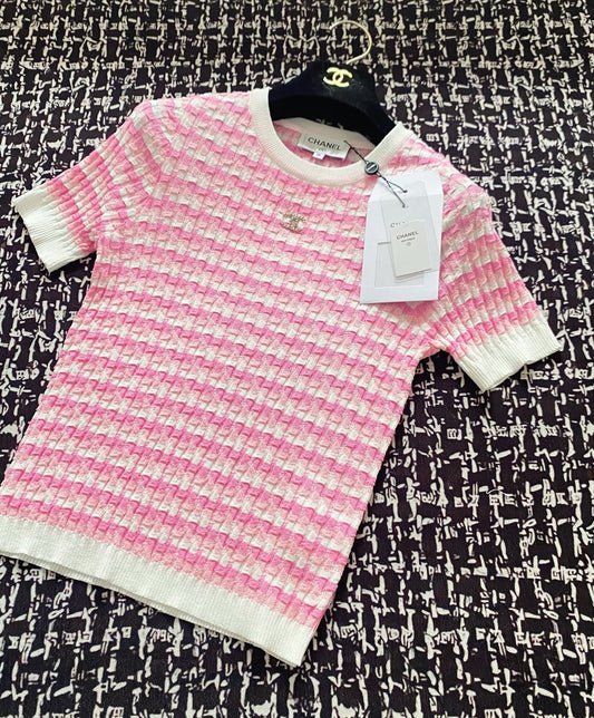 C 25 Pink Square Textured Knit Short Sleeve