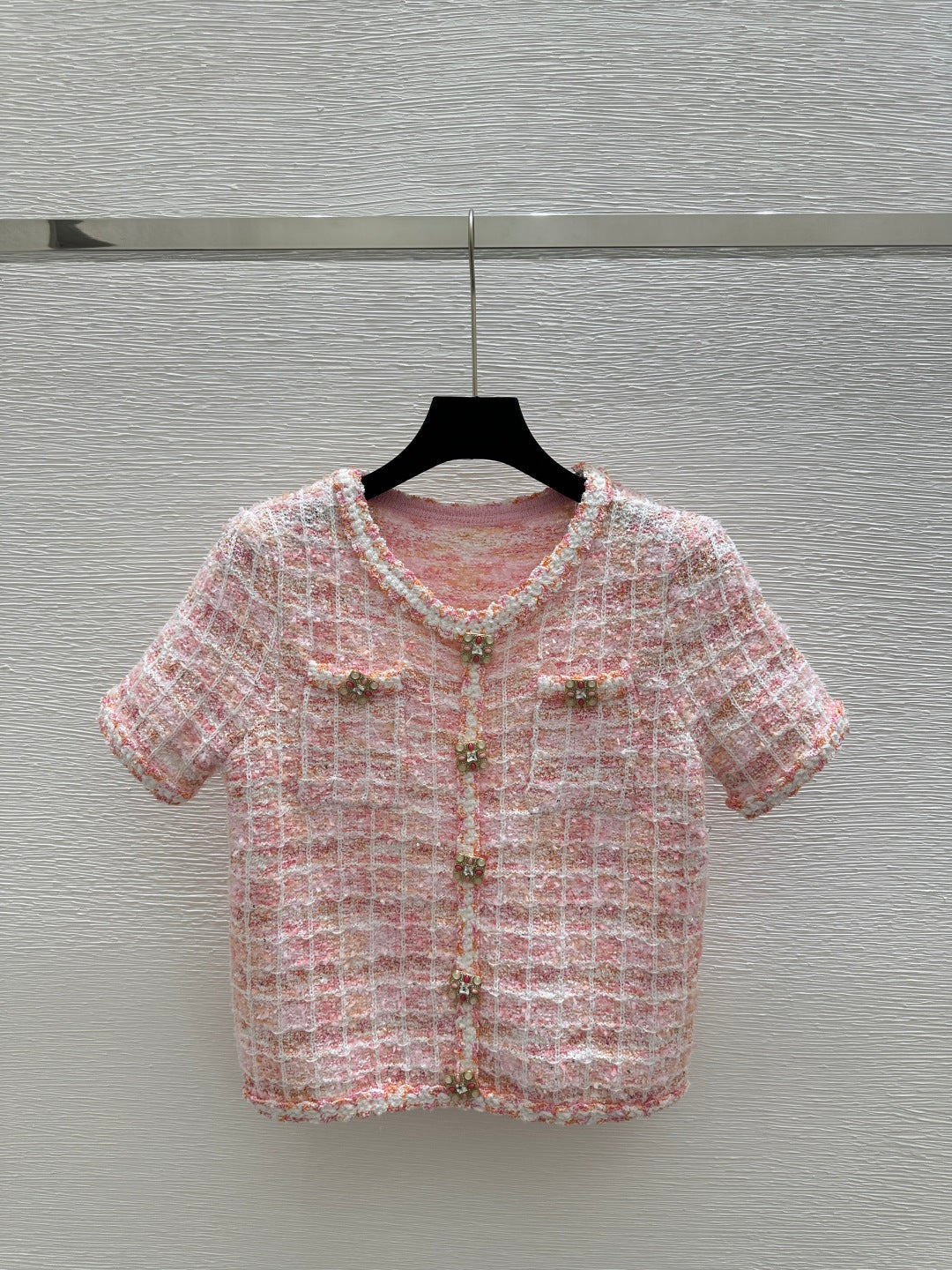 C 25 Cardigan Color Blocking Pink Square Knit Short Sleeve