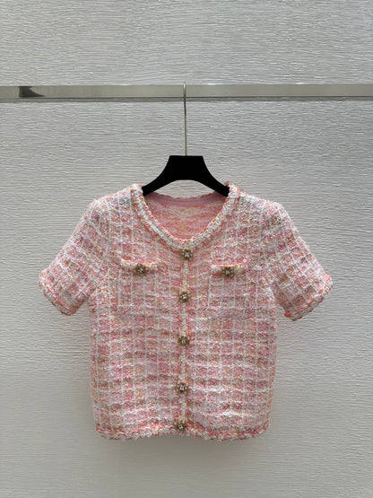 C 25 Cardigan Color Blocking Pink Square Knit Short Sleeve