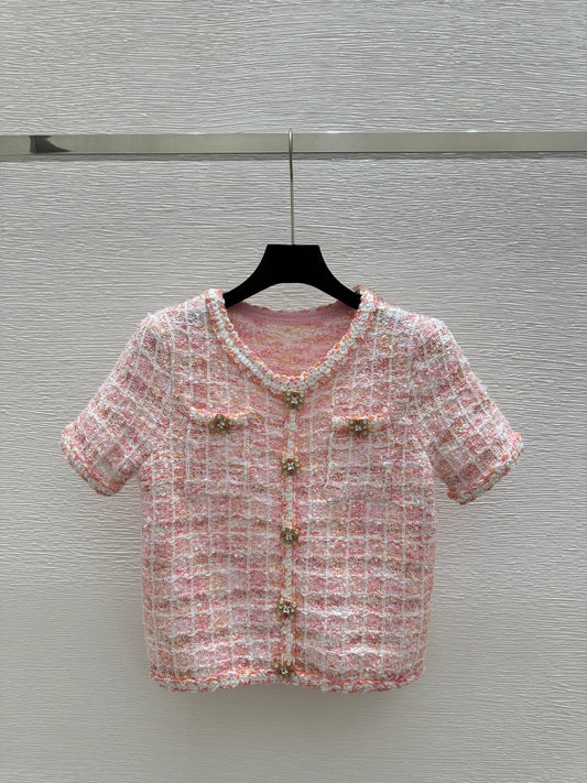 C 25 Cardigan Color Blocking Pink Square Knit Short Sleeve