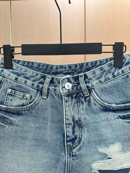 LO 25 Rhinestone Logo Ripped Denim Shorts
