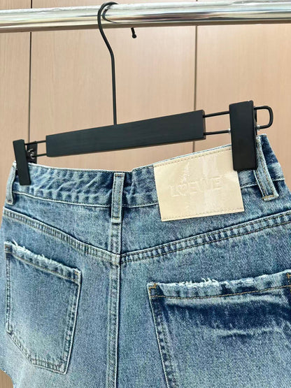 LO 25 Rhinestone Logo Ripped Denim Shorts