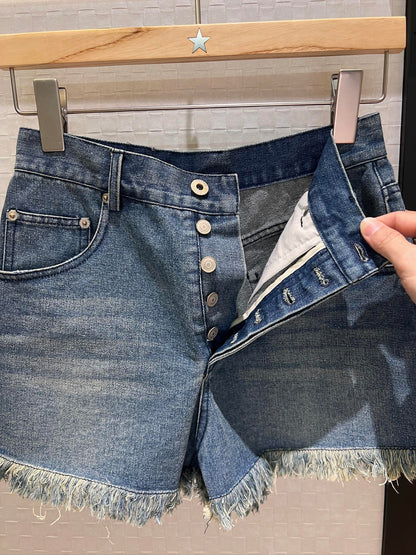 LO 25 Raw-edge fringe denim shorts