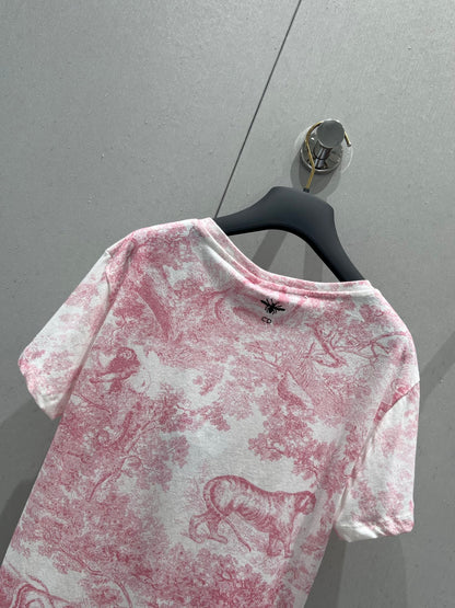 D 25 New Animal Jungle Print Round Neck Short Sleeve T-Shirt(pink green blue)