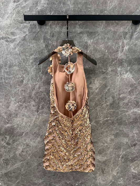 ZI 25 Light Luxury Sexy Gold Sequin Backless Dresses