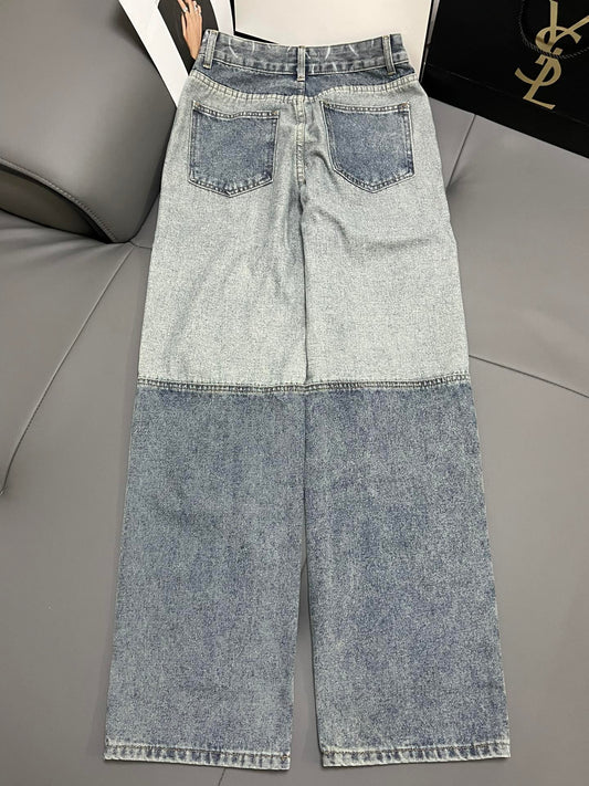 C 24 Light grey all-over print paneled denim trousers