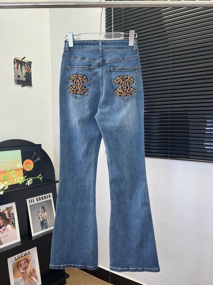 C 25 Leopard print double logo stretch flared pants with back pockets