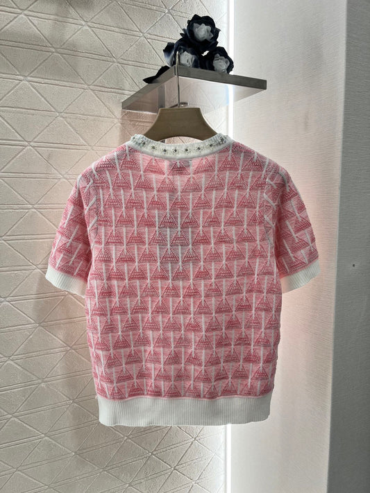 C 25 Rhinestone Neckline Crochet pink Knit Short Sleeve