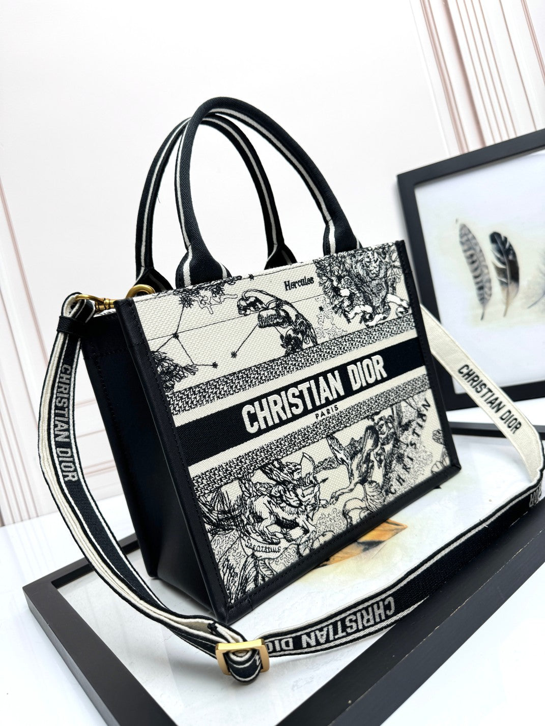 D 25 Embroidered Cowhide White Animal Small Crossbody Tote Bag