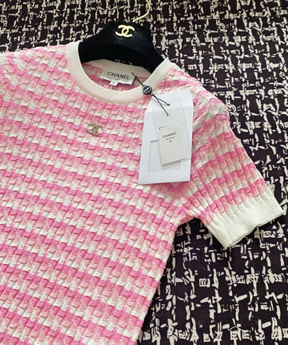 C 25 Pink Square Textured Knit Short Sleeve