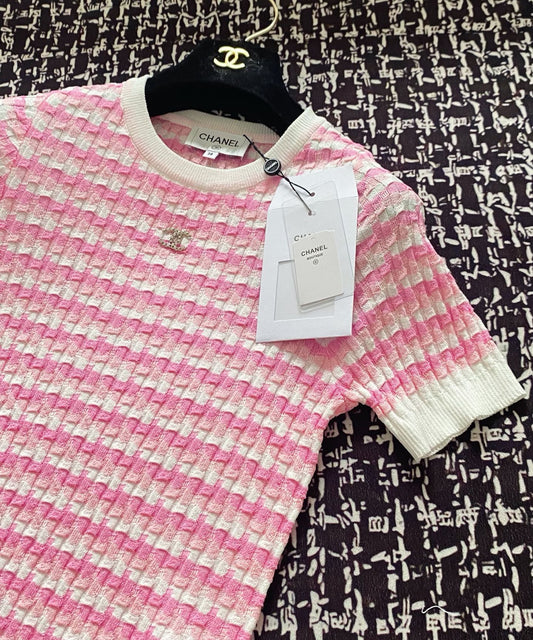 C 25 Pink Square Textured Knit Short Sleeve